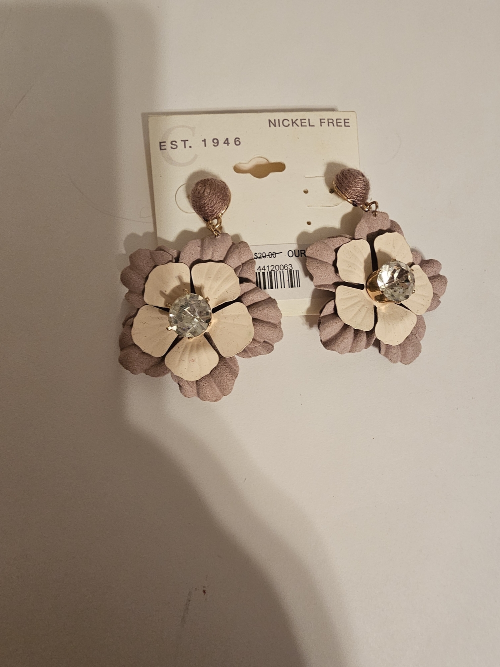 Nickel-Free Floral Drop Earrings in Dusty Pink with Crystal Center